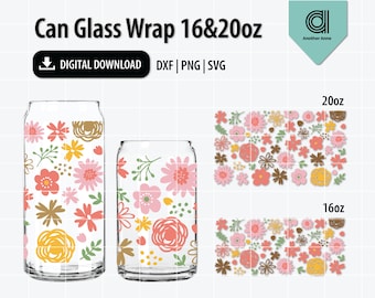 Fiore Libbey può involucro di vetro in formato SVG / rosa floreale SVG avvolgimento completo per vetro a forma di lattina da 16 e 20 once / vetro di lattina di birra in formato SVG per il download digitale Cricut