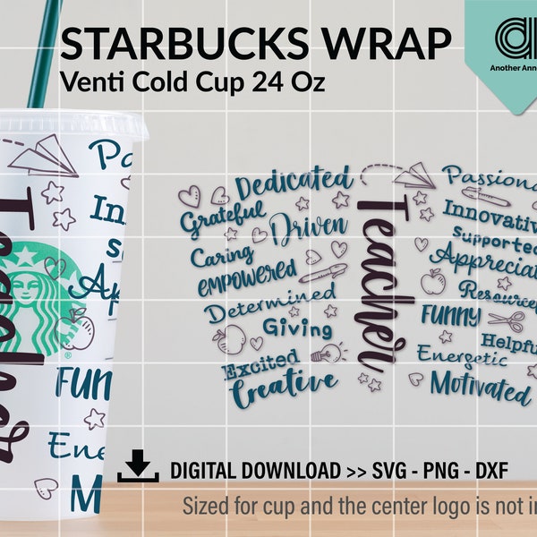 Teacher SVG for venti cols cup wrap | Teach love inspire SVG | School wrap for DIY 24oz coffee cup cut file for Circuit and Cameo Silhouette