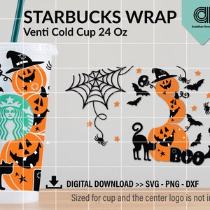 Może przedstawiać: Cyfrowy plik do pobrania z okładką na kubek Starbucks w stylu Halloween z dyniami, nietoperzami, pająkami i napisem "BOO". Okładka jest dopasowana do kubka Venti o pojemności 24 uncji.