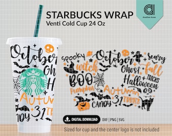 ベンティ コールド カップ ラップ用ハロウィーン SVG | 24 オンス コールド コーヒー カップ ラップ用不気味な季節の秋の言葉 SVG (Circuit & Silhouette 用カット ファイル)