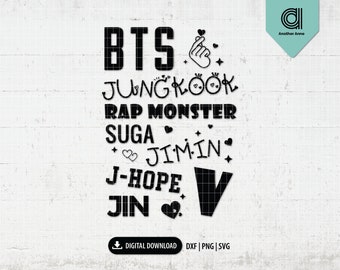 May include: Black and white digital download design featuring the names of the members of the K-pop group BTS: Jungkook, Rap Monster, Suga, Jimin, J-Hope, V, and Jin. The design includes hearts and stars.