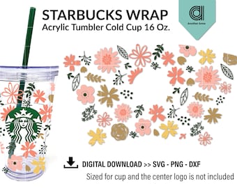 Pink floral SVG for acrylic cold cup wrap | Daisy flowers SVG for 16oz tumbler cold cup full wrap cut file for Cricut and Silhouette Cameo