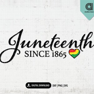 Puede incluir: Texto en blanco y negro que dice "Juneteenth SINCE 1865" con un corazón rojo, amarillo y verde a la derecha. El corazón es una versión estilizada de la bandera panafricana.