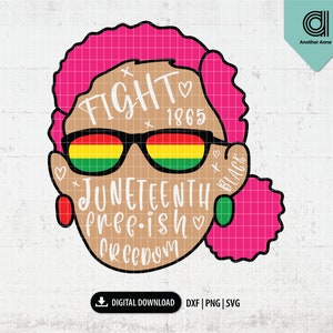 Może przedstawiać: Cyfrowa ilustracja czarnej kobiety z różowymi włosami, w okularach przeciwsłonecznych w tęczowych kolorach i kolczykach. Na obrazie widnieje tekst "FIGHT 1865 JUNETEENTH free-ish FREEDOM".