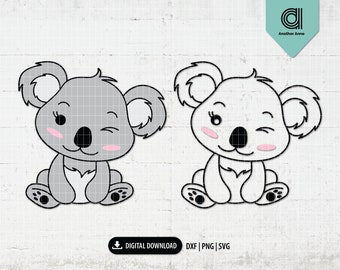 Può includere: Due orsi koala di cartone animato con contorni neri, uno grigio e uno bianco, entrambi con guance rosa e che strizzano l'occhio. Gli orsi koala sono seduti con le zampe davanti a loro.