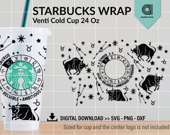 Taurus SVG for venti cold cup wrap | Zodiac horoscope SVG for DIY 24oz cold coffee cup wrap file for Cricut and Silhouette digital download