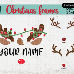 May include: A digital download of three Christmas reindeer frame designs. The designs include a reindeer nose, antlers, and a reindeer head with Christmas lights. The text "YOUR NAME" is included in the design.