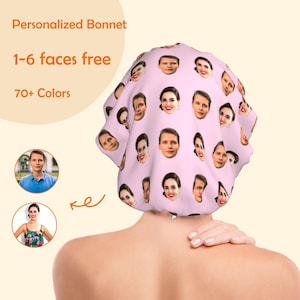 May include: A pink personalized bonnet featuring multiple faces. The image includes the text "Personalized Bonnet", "1-6 faces free", and "70+ Colors".