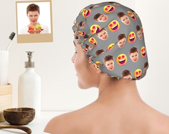 Custom Face Shower Cap with Emojis Waterproof Two-Layer Design PEVA inner layer
