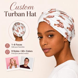 May include: A white turban hat with a repeating pattern of pink and brown faces. The text "Custom Turban Hat" is at the top. Additional text includes "1-8 Faces", "9 Styles", and "60+ Colors".