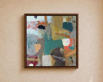Dipinto astratto originale giallo e verde acqua 12x12 su pannello di legno – Arte calda e materica