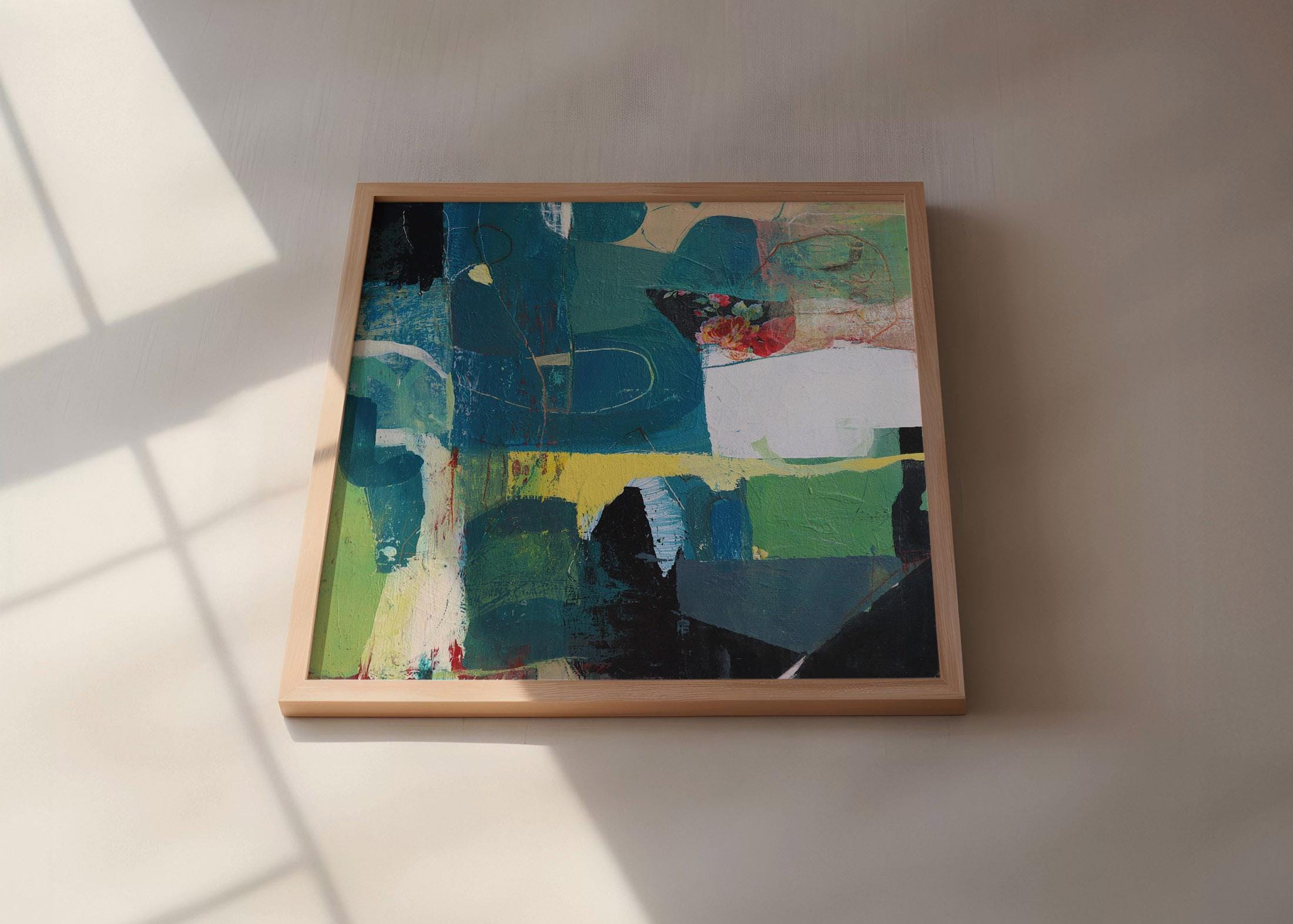 オリジナル抽象画：青緑青のアクリル画（木版、12 x 12インチ） - Etsy