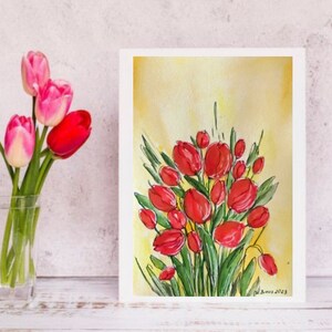 Tulipes rouges1, Peintures originales à l'aquarelle 21x14.8, Art moderne, Tableau, Toile