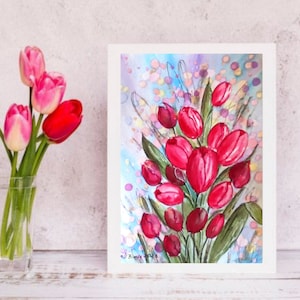 Tulipes rouges2, Peintures originales à l'aquarelle 21x14.8, Art moderne, Tableau, Toile