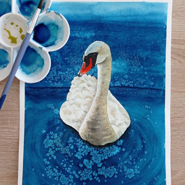 Cygne, Originale aquarelle 24x32cm, Tableau, Peinture Art Moderne