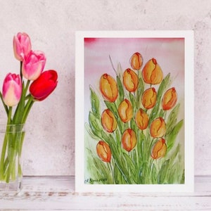 Tulipes jaune, Peintures originales à l'aquarelle 21x14.8, Art moderne, Tableau, Toile