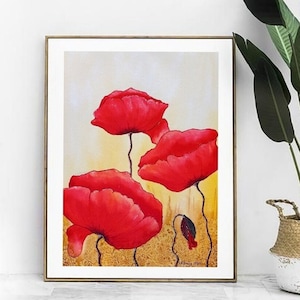Red poppies, Original watercolor painting 24x32cm, Illustrations, Canvas