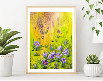 Crocus, Originale aquarelle 24x32cm, Tableau, Peinture Art Moderne