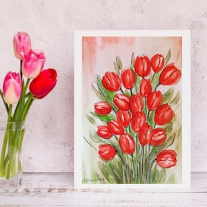 Tulipes rouges, Peintures originales à l'aquarelle 21x14.8, Art moderne, Tableau, Toile