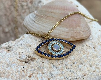 Eye Evil Necklace Slider Pendant 14k Solid Yellow Gold Necklace Natural Sapphire Blue Topaz Opal Necklace Gift for Her Personalized Gift