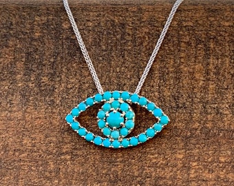 Pendant Evil Eye 14k White Solid Gold Gemstone Turquoise Slider Pendant Jewish Tradition  Custom Jewelry by Situs Inversus Jewelry