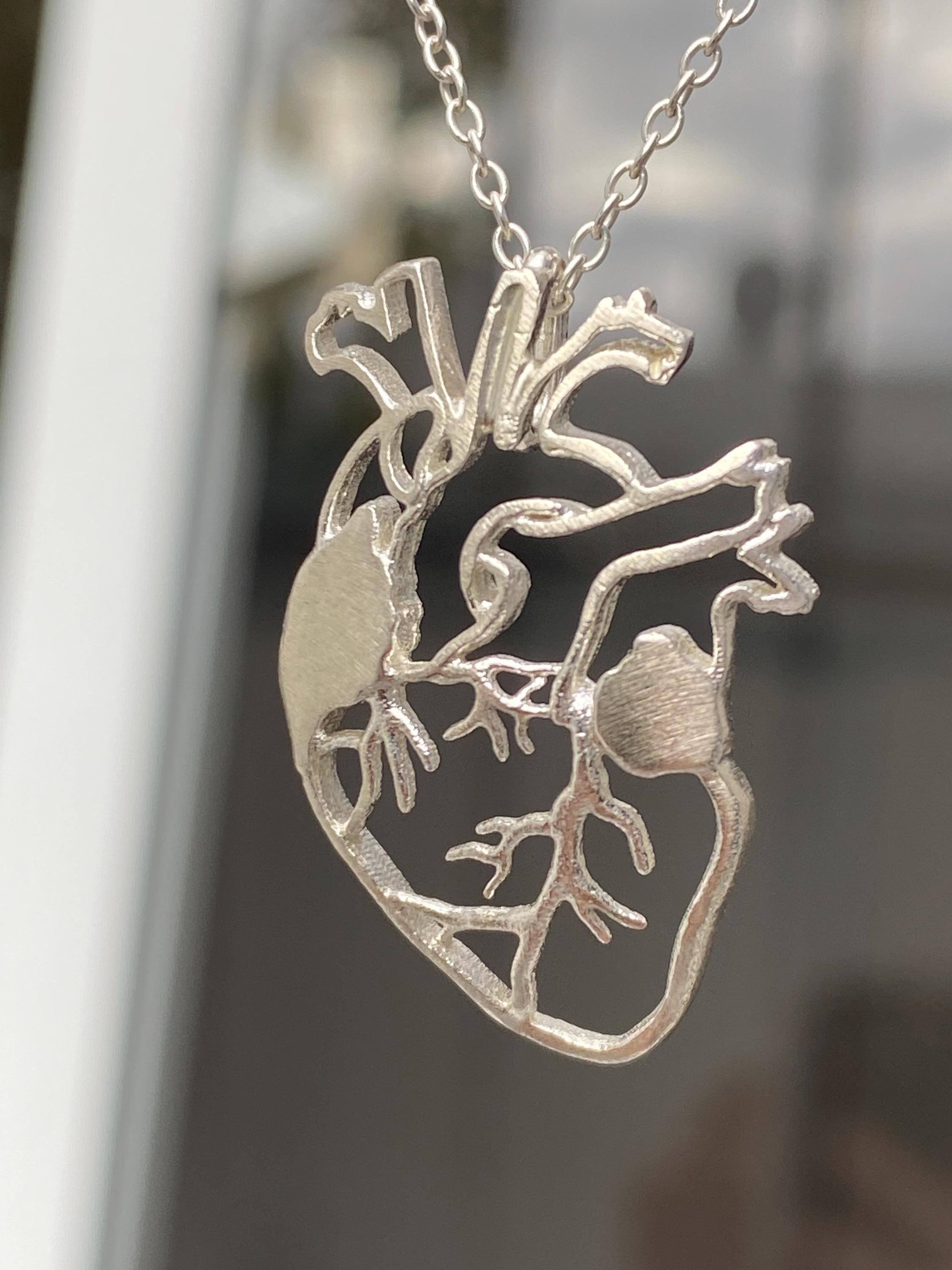 Anatomical Heart Necklace, Sterling Silver Human Heart Pendant