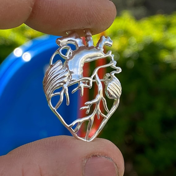 Sterling Silver Anatomical Heart Brooch: Handcrafted Medical