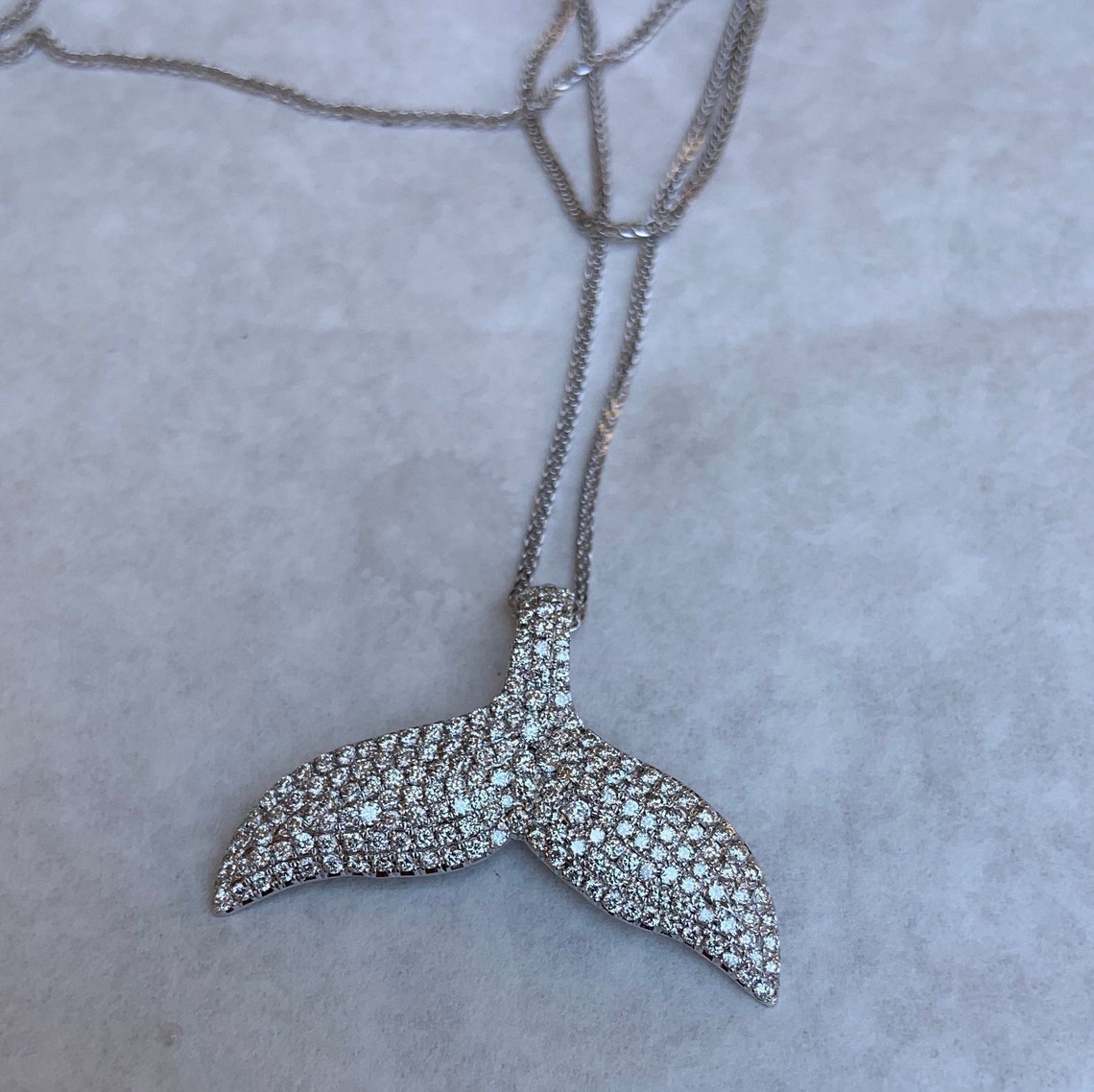Whale Tail Necklace Natural Diamond White Solid Gold 14K Beach Ocean