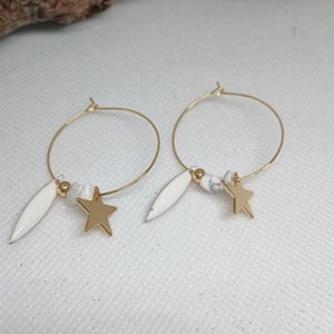 Golden hanging earrings, creoles, white lacquered long sequin pendants, white stones, stars and small golden pearls