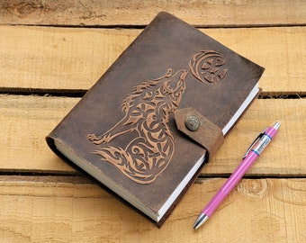 Handmade Wolf Embossed Leather Journal With Touch Button Closure, Best Gift For Men or Women SIZE- 7 x 5 inches COLOUR ( Brown )