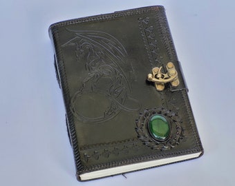 Craft Handmade Genuine Leather Journal Embossed Moon Dragon With- Clasp Lock / TIGER eye / Emerald ZAMBIAN, Gemstone, Size- 7×5 Inches