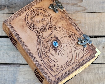 JESUS CHRIST Unliniertes 600 Seiten großes Leder-Journal mit Verschluss-Verschluss oder Auge, Dickes handgefertigtes Leder-Journal-Notizbuch, Größe - 10×7×3 Zoll