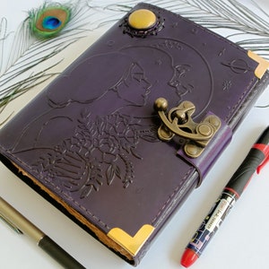 Taking to the moon embossed handmade leather journal notebook, sketchbook, unlined deckle paper journal, Size- 7×5 inches, 3 colour options