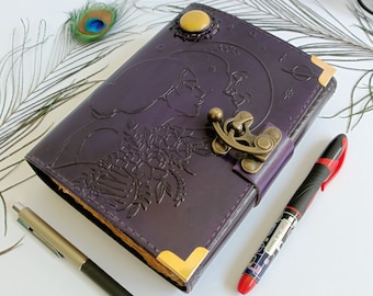 Embossed Leather Journal: Handmade Moon Design Deckle Edge Paper