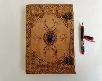 Third Eye Stone Celtic Triple Moon New Embossed Vintage Leather Journal Daily Notepad Unlined Paper, Scrapbook, Sketchbook, SIZE- 10×7 Inch