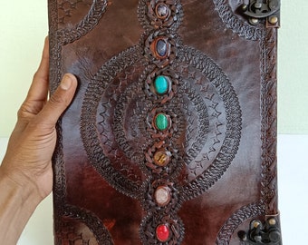 13×10, Inches, Large Handmade Leather Journal Spell Book Of Shadow Journal Netebook, Leather Sevan Stone Journal medieval book Black, Brown