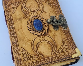 Triple moon goddess leather journal witch leather journal book of shadows leather spell book triple moon notebook vintage journal, Size_ 7×5