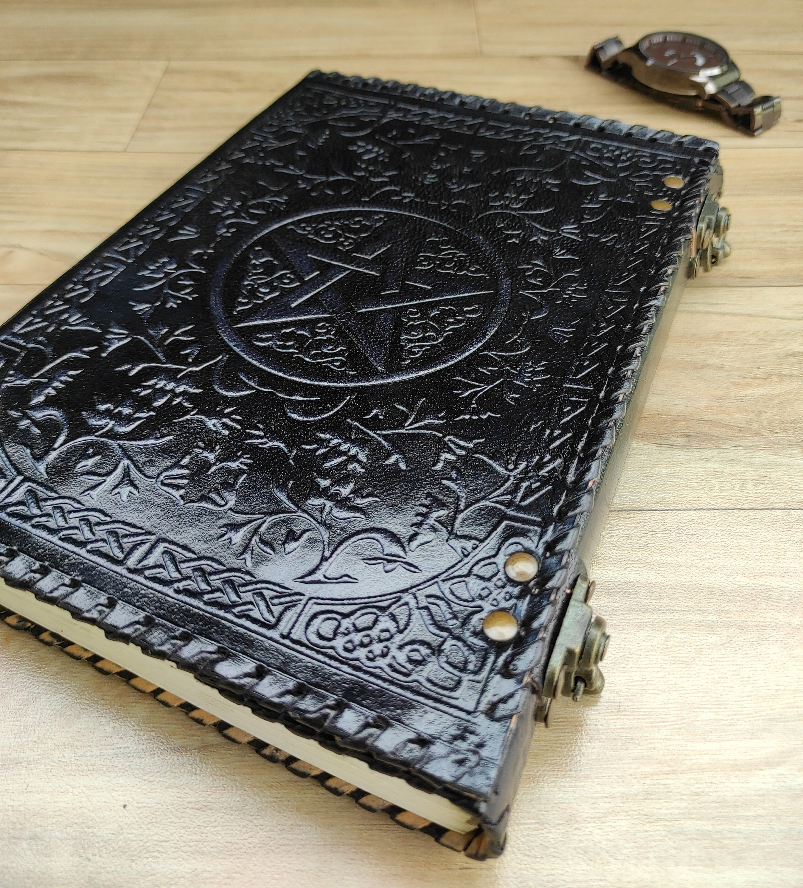 Leather journal Black Pentagram Handmade Grimoire Journal Etsy