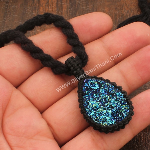 Titanium Druzy Pendant Soul Sister Gift Druzy Gemstone Macramé Lace Handmade woven necklace Wedding Necklace Mother's day Gift Gift For Her
