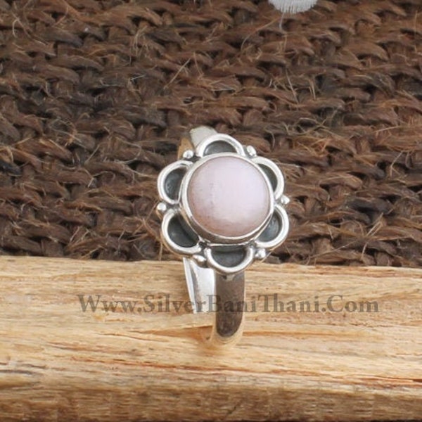 Pink Opal Gemstone Ring-Flower Design Silver Ring-Semi Precious Pink Stone Cabochon Ring-925 Sterling Silver Ring-Anniversary Gift Ring2023