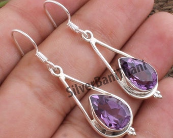 Amethyst Top Quality Gemstone Earring-Pear Shape Cut Stone Silver Earring-Solid Silver Earring-Gemstone Jewelry-Gemstone Earring-Adorable