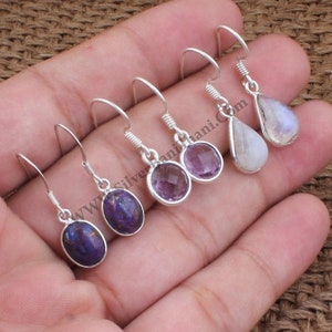 Multi Gemstone Silver Earring - 925 Sterling Silver Combo Gemstone  Earrings - Bezel Set Handmade Jewelry - Women Wedding Jewelry Gift Idea