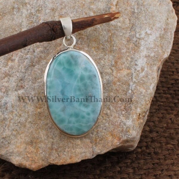 Banitani Collier Larimar - Collier fait main - Collier cabochon ovale Collier en argent sterling 925 - Collier Larimar naturel avec pierres semi-précieuses