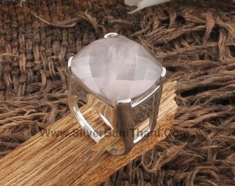 Square Pink Stone Rose Quartz Ring Rose Quartz Jewelry Cushion Cut Minimal Ring Natural Gemstone Gift For Her 925 Sterling Silver