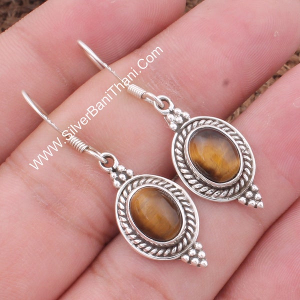 Natural Tiger's Eye Oval Shape Gemstone Silver Earrings Designer Handmade Gemstone Earring l Women Jewelry Gift Esty