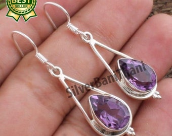 Amethyst Top Quality Gemstone Earring-Pear Shape Cut Stone Silver Earring-Solid Silver Earring-Gemstone Jewelry-Gemstone Earring-Adorable