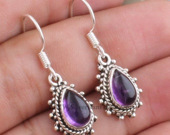 Amethyst Earring - Purple Cabochon Earring - Designer Silver Earring - Solid Silver Earring - Mother Gift Earring - Modern - Minimalist