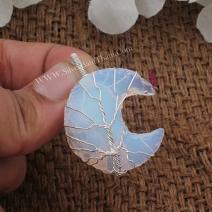 925 Silver Plated Alloy Raw Opalite Crescent Moon Necklace Pendant For Women, Handmade Silver Wire Wrapped Tree Of Life  Pendant Gifts  Idea