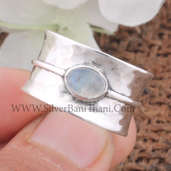 Rainbow Moonstone Wide Hammered Band Solid 925 Sterling Silver Spinner Ring For Women Handmade Twisted Anxiety Rings For AnniversaryEtsyEtsy