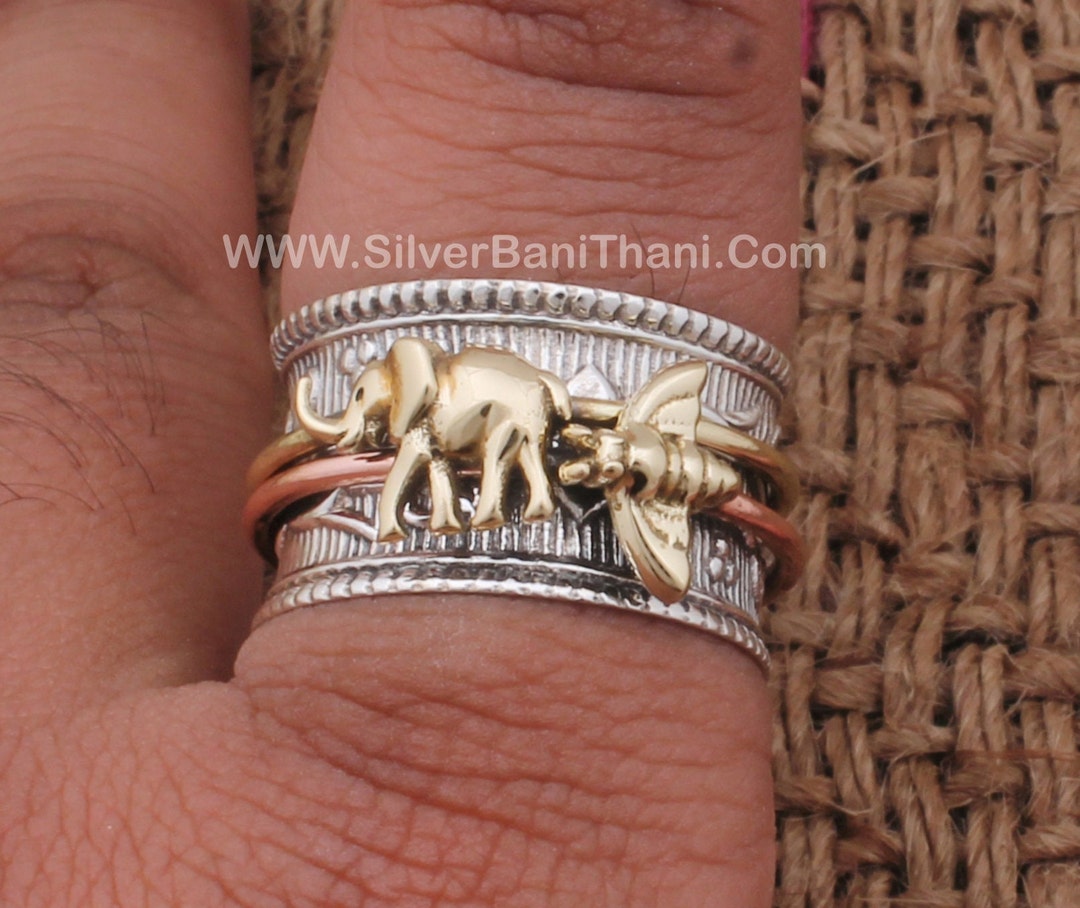 Elephant & Honey Bee Solid 925 Sterling Silver Wide Band Spinner Ring ...
